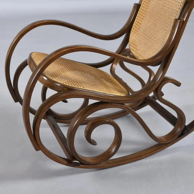 Wood Vintage 1970s Thonet Style Curved Bentwood Rocking Chair With Caning For Sale - Image 7 of 9