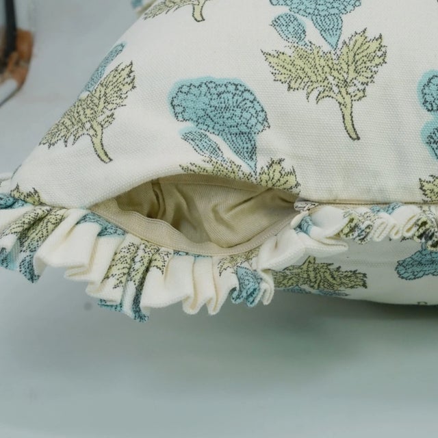 Fabdivine Artisan Block Print Throw Frill Pillow Cover Blue 12x20 Inch Thick Cotton White- Manmohan For Sale - Image 4 of 5