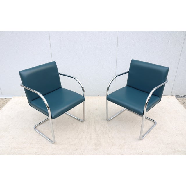 Bauhaus Ludwig Mies Van Der Rohe Brno Tubular Chairs in Blue Leather by Gordon - A Pair For Sale - Image 3 of 18