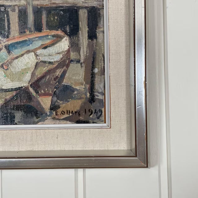 Mid-Century Modern 1949 Mid Century Swedish Modernist Harbour Oil Painting by Edvin Ollers For Sale - Image 3 of 13
