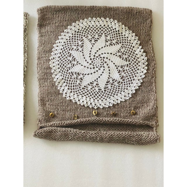 Pair Handmade Knitted Crochet Pillow Cases Horn Buttons For Sale - Image 4 of 8