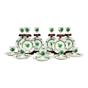 Small Chinese Porcelain Apponyi Green Bouquet Egg Cups and Plates from Herend Hungary, Set of 24