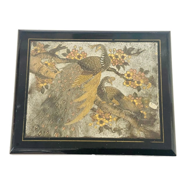 Vintage Boho Japanese Music Box Incised Phoenix Bird and Lacquered Etched For Sale