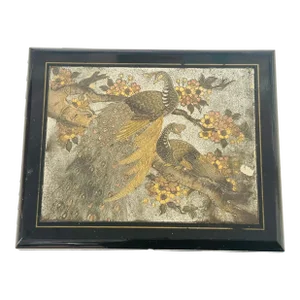 Vintage Boho Japanese Music Box Incised Phoenix Bird and Lacquered Etched