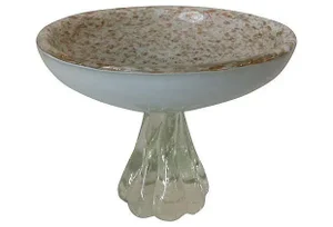 C1960's Italian Alfredo Barbini Large Hand-Blown Murano Footed, Tazza Bowl, White & Clear With Gold Leaf & Bronze Inclusions