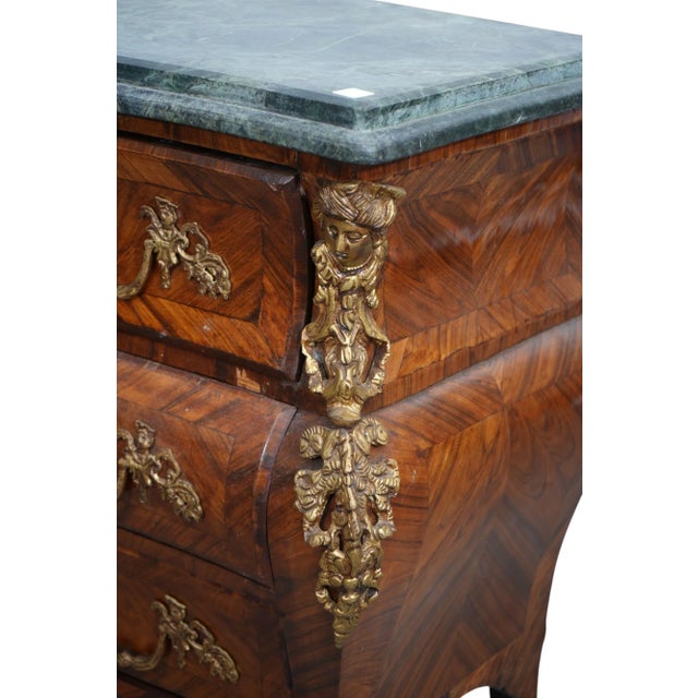 Wood Antique French Commode, With Parquetry Inlay, Heavy Gilt Mounts, For Sale - Image 7 of 7