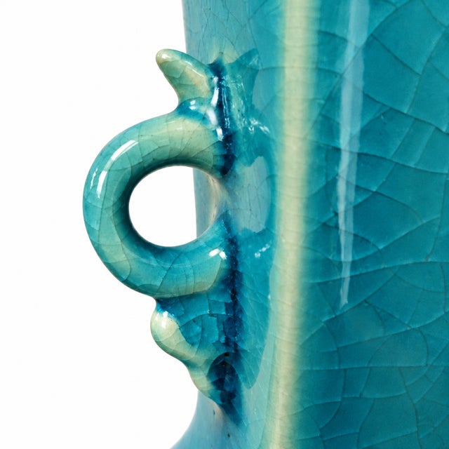 Vintage Japanese Kyo Ware Crackle Glaze (Kannyu) Celadon Flower Vase by Rakuzan For Sale - Image 6 of 7