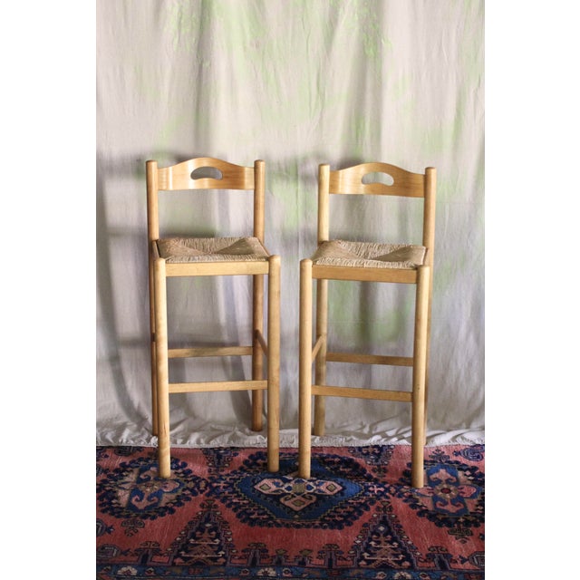 Tan Set of 2 Lowenstein Style Stools With Woven Rush Seats and Handles For Sale - Image 8 of 9