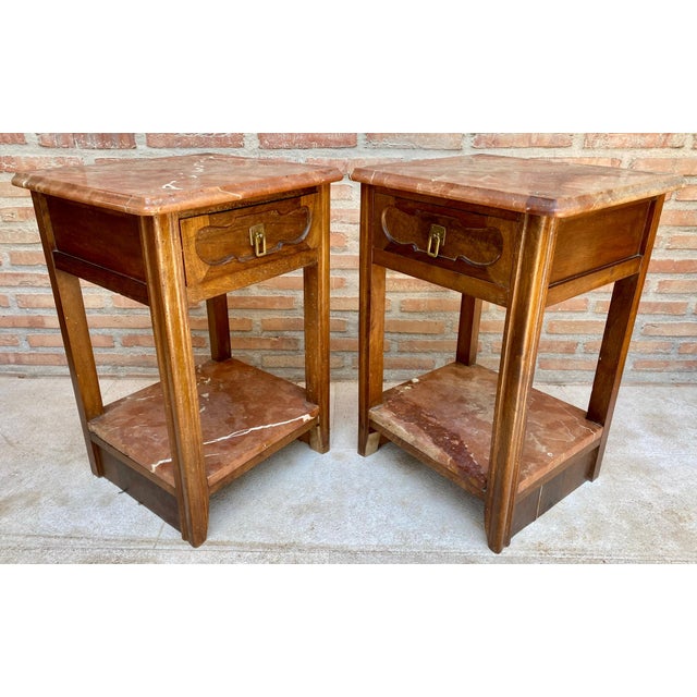 Mid 20th Century Early 20th Century Walnut Nightstands with Marble, 1940s, Set of 2 For Sale - Image 5 of 18