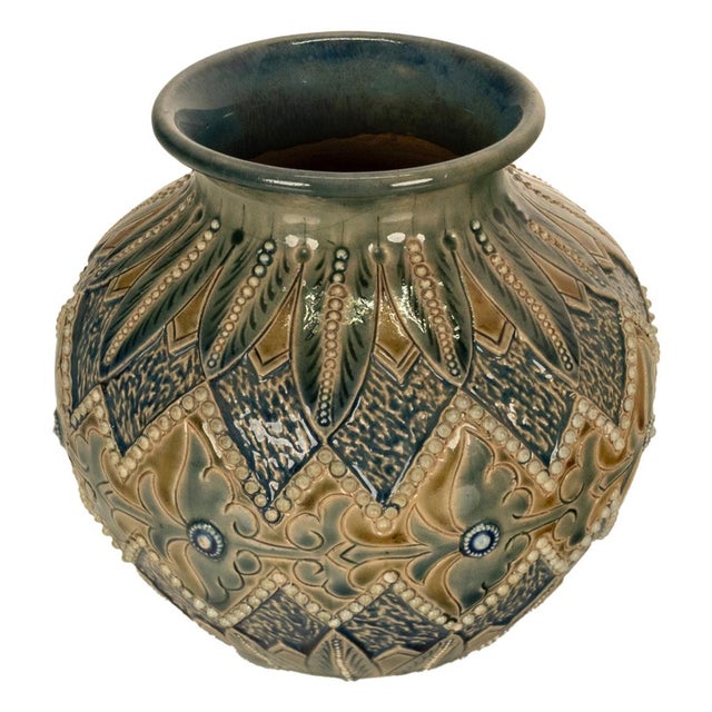 Antique late 19th-century Doulton Lambeth Aesthetic Movement salt-glazed stoneware vase, by Elizabeth Atkins, dated 1883,...