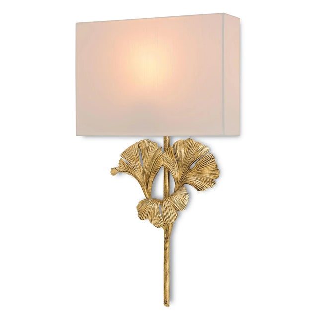 The Gingko Gold Wall Sconce is a botanical-inspired fixture in a Chinois antique gold leaf finish on its wrought iron...