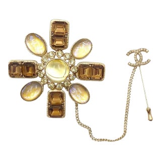 Chanel Gold CC Brown Yellow Bronze Stone Chain Pin Brooch For Sale
