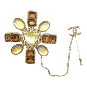 Chanel Gold CC Brown Yellow Bronze Stone Chain Pin Brooch