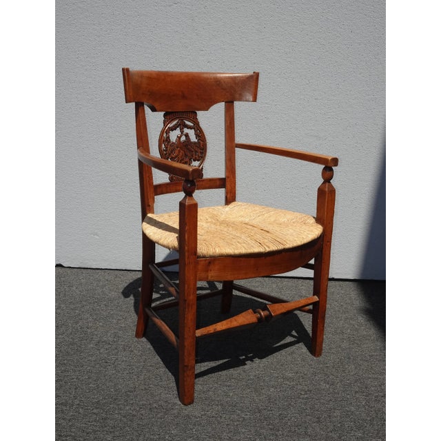 French Country 1950s Vintage French Country Carved Lovebirds Backrest Accent Chair For Sale - Image 3 of 12