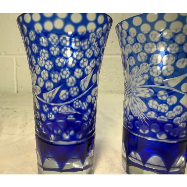Vintage Elaborate Cut to Clear Crystal Glass Czech Cobalt Blue Shot Glasses - Set of 3 For Sale - Image 10 of 11