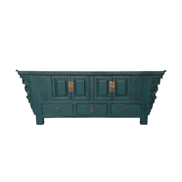 2000 - 2009 Asian Style Distressed Rustic Teal Blue Low Tv Console Table Cabinet For Sale - Image 5 of 16