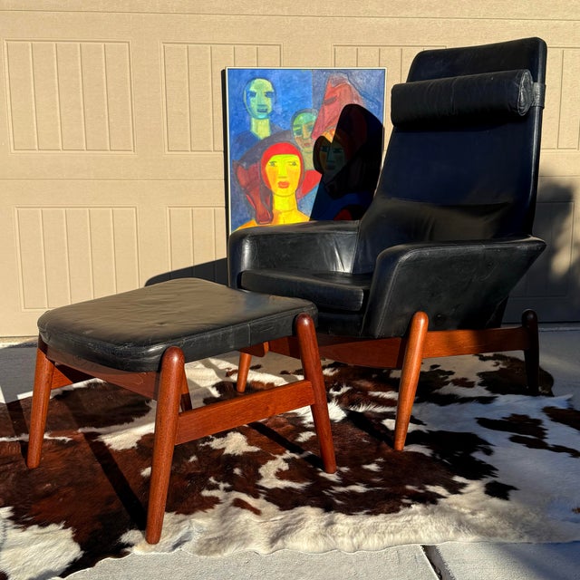 Incredible Danish mid century lounge chair and ottoman produced by Madsen and Schubell c 1960. This model, MS 30, was...