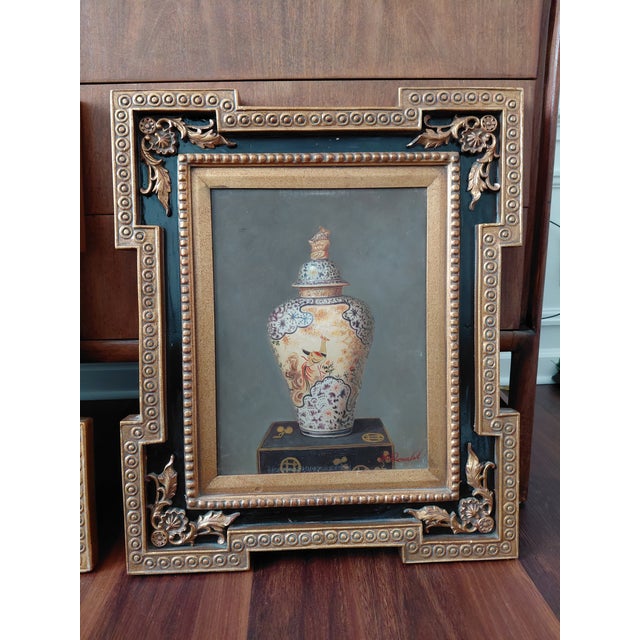 1970s signed “J. Ronald” Chinoiserie Still Life Paintings in Hollywood Regency Frames - Set of Three For Sale - Image 4 of 6