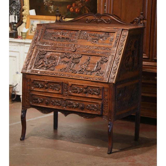 19th Century French Louis XV Carved Oak Secrétaire With Figural Scenes For Sale - Image 13 of 13