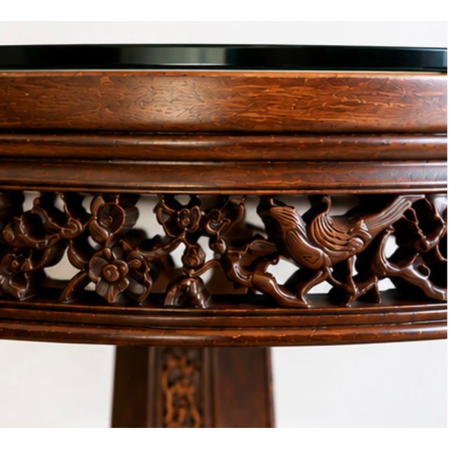 Chinoiserie Vintage Chinese Hand-Carved Round Pedestal Dining Table With Beveled Glass Top For Sale - Image 3 of 10