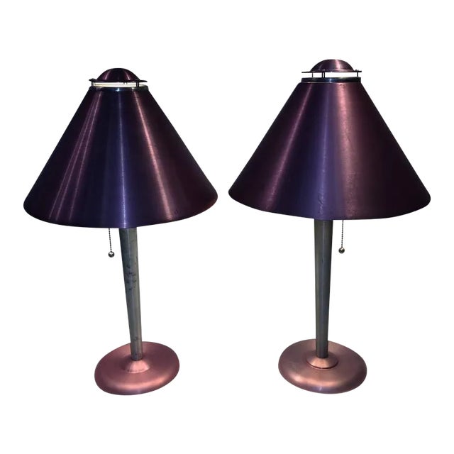 Art Moderne Anodized Spun Aluminum Lamps - A Pair For Sale