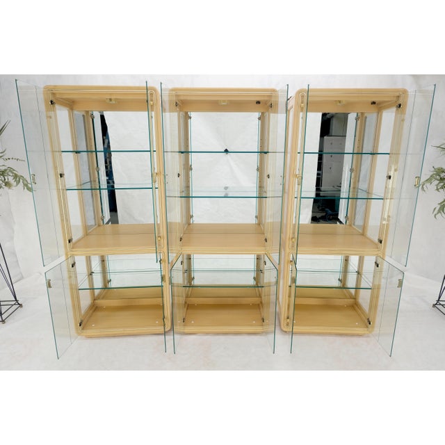 Khaki 3 Blond Wood Glass Door Curio Cases Display Vitrine Cabinet Glass Shelves MINT! For Sale - Image 8 of 14