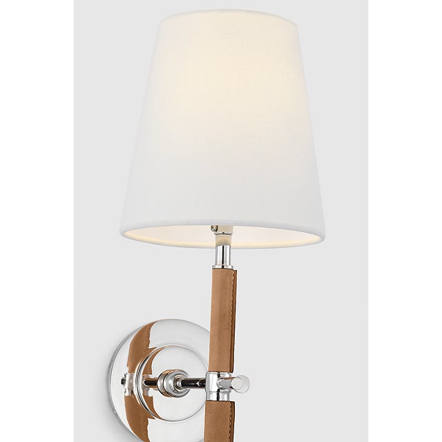 Visual Comfort Thomas O'Brien for Visual Comfort Signature Bryant Large Wrapped Tail Sconce in Polished Nickel and Natural Leather with Linen Shade For Sale - Image 4 of 7