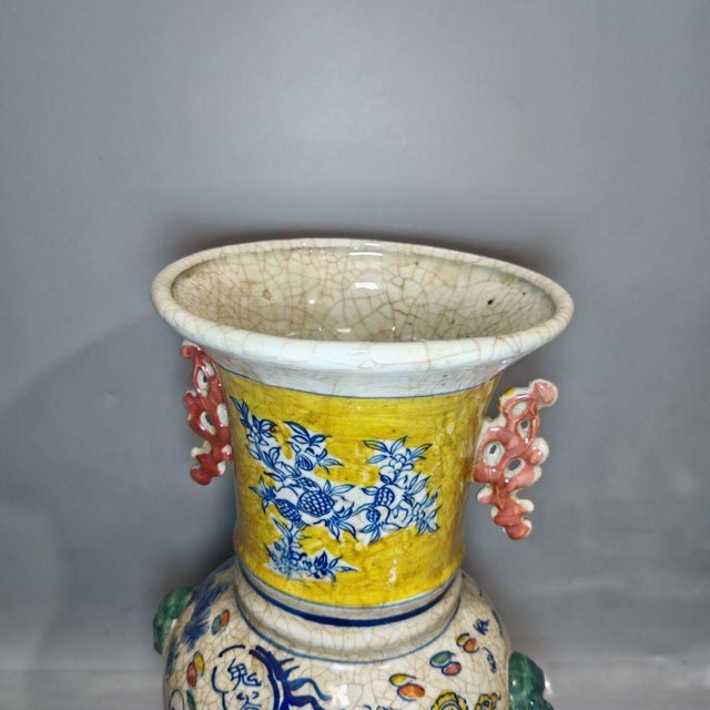 Mid 20th Century Yellow Ground Porcelain Vase With Figural Narrative and Scroll Handles For Sale - Image 9 of 9