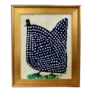 Original Dark Blue Folk Art Chicken Hen Painting by Ruth Arenz Including the Antiqued Gold Wood Fame For Sale