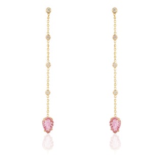 Carved Leaf Pink Sapphire & Diamond Chain Drop Earrings in 14k Yellow Gold- A Pair For Sale