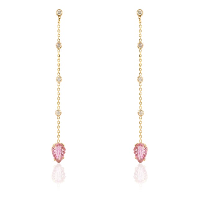 Carved Leaf Pink Tourmaline & Diamond Chain Drop Earrings in 14k Yellow Gold- A Pair For Sale