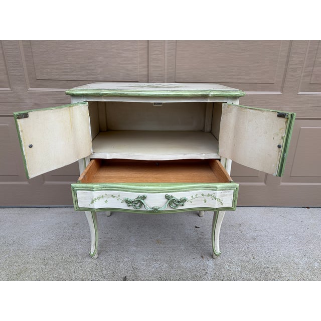 Vintage French Provincial Cream & Sage Green Painted Nightstand With Botanical Decoration For Sale - Image 9 of 14