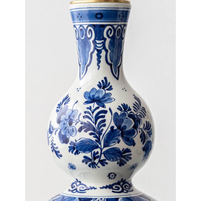 Vintage Royal Delft Blue & White Ceramic Table Lamps with New Vermilion Silk Shades, Set of 2 For Sale - Image 11 of 18