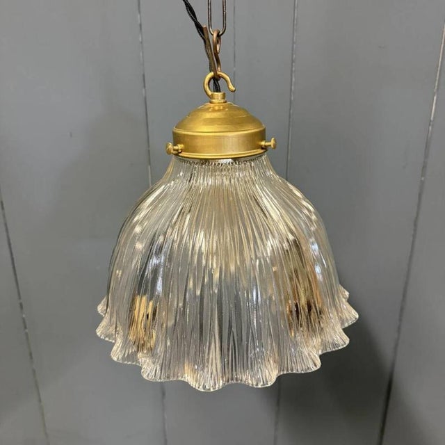 Pressed Glass Pendant Lamp with Brass Fixture from Holophane, 1930s For Sale - Image 6 of 15