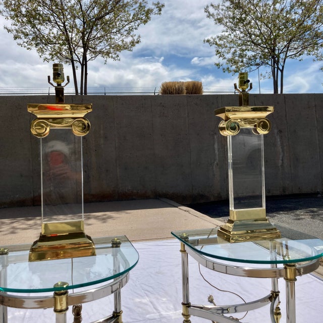 Metal Lucite & Brass Ionic Column Table Lamps - a Pair For Sale - Image 7 of 13