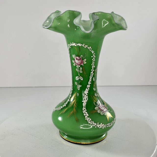 Victorian Vintage Fenton Art Glass Vase Charleton Awco Green Overlay Roses Hand Painted For Sale - Image 3 of 11