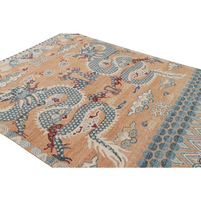 Rug & Kilim Rug & Kilim’s Distressed Dragon Rug in Blue, Gold and Red Pictorial Patterns For Sale - Image 4 of 7