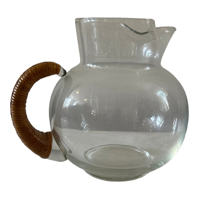 Vintage Mid Century Carl Aubock Glass Water Pitcher With Cane Wrapped Handle For Sale