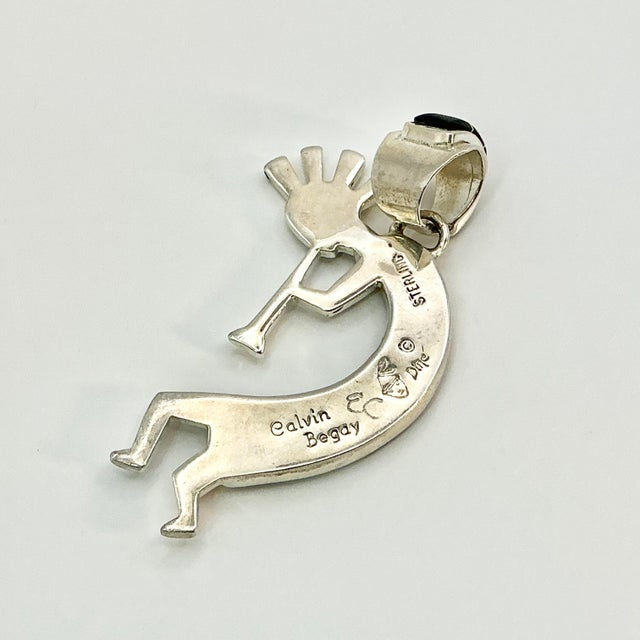 Black Vintage Calvin Begay Contemporary Southwestern Navajo Sterling, Blue Opal & Jet Dancing Horn Player Pendant For Sale - Image 8 of 11