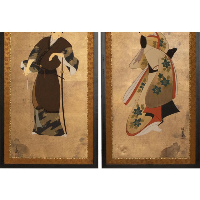 Showa Era Japanese Painted Panels "Samurai & Bijin", a Pair For Sale - Image 4 of 17