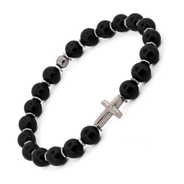 Early 21st Century Sterling Silver Cross Black Onyx Beaded Bracelet For Sale - Image 5 of 7