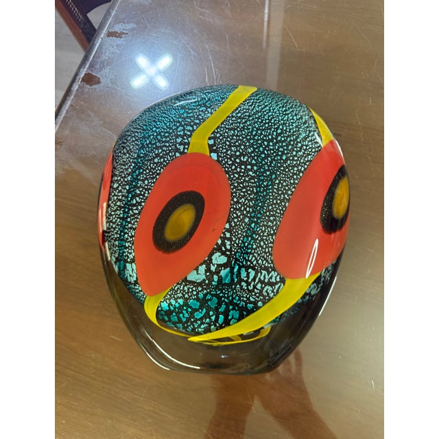 Allain Guillot French Studio Art Glass Vase, Turquoise Foil With Red Murrine and Yellow Bands, Signed m.06-50 For Sale In Houston - Image 6 of 11