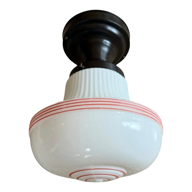 Vintage Schoolhouse Flush-Mount Ceiling Light With Red Accent Stripes For Sale