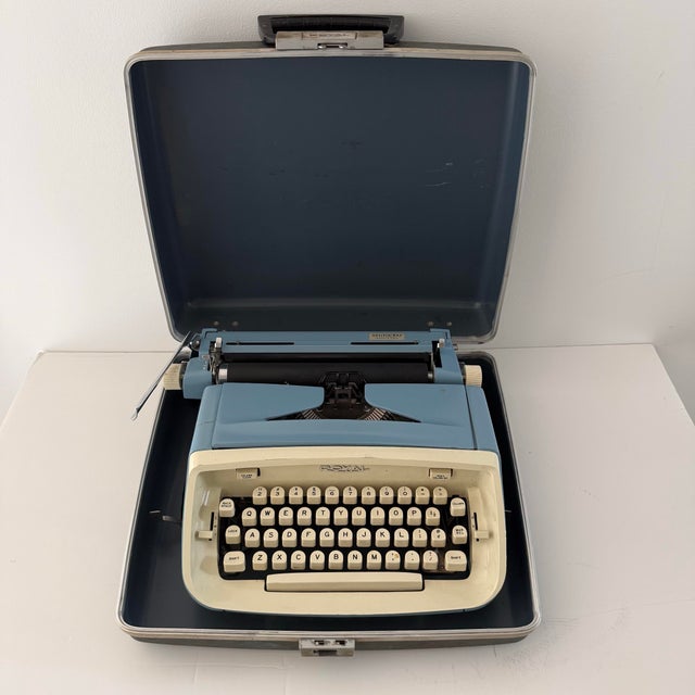1950s Royal Aristocrat Blue and Cream Portable Typewriter With Case For Sale - Image 10 of 10