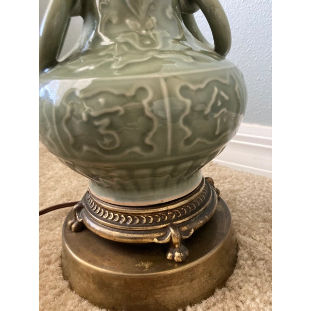 Mid 20th Century Deep Green Celadon and Brass Chinese Table Lamp For Sale - Image 4 of 10
