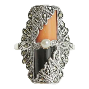 Vintage Art Deco Coral, Onyx, Pearl, Sterling Silver and Marquisette