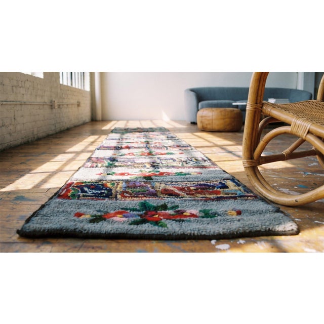 Ivory 1930s Multicolor Floral Folk Art Antique American Hooked Rug 2'3" X 17'8" Handknotted Wool Carpet For Sale - Image 8 of 9