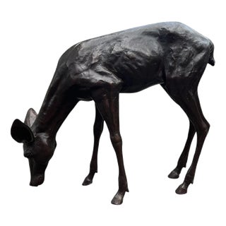 Bronze Grazing Fawn Deer Garden Sculpture For Sale