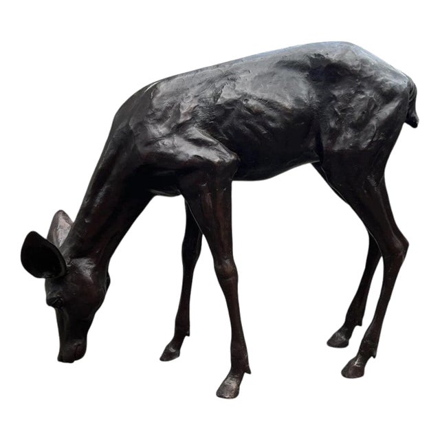 Bronze Grazing Fawn Deer Garden Sculpture For Sale