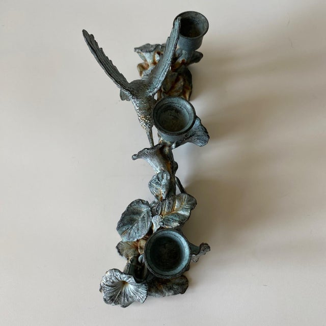 Vintage Spi Triple Candelabra: Pewter, Verde-Patina, Morning Glory Hummingbird For Sale - Image 9 of 18